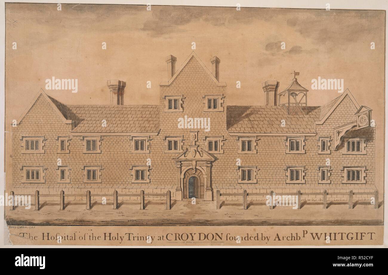 Erhöhung von das Krankenhaus der Heiligen Dreifaltigkeit in Croydon. Das Krankenhaus der Heiligen Dreifaltigkeit in Croydon gegründet von Archbp WHITGIFT. 1755. Feder und Tinte schwarz mit monochromen waschen. Quelle: Karten K. Top. 40.12. b. Sprache: Englisch. Stockfoto