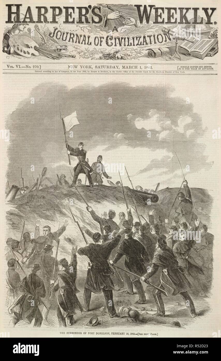 Die Übergabe von Fort Donelson, 16. Februar 1862. Harper's Weekly. New York, Samstag, 1. März 1862. Amerikanischer Bürgerkrieg. Quelle: Harper's Weekly Vol. VI, Nr. 270. Sprache: Englisch. Stockfoto