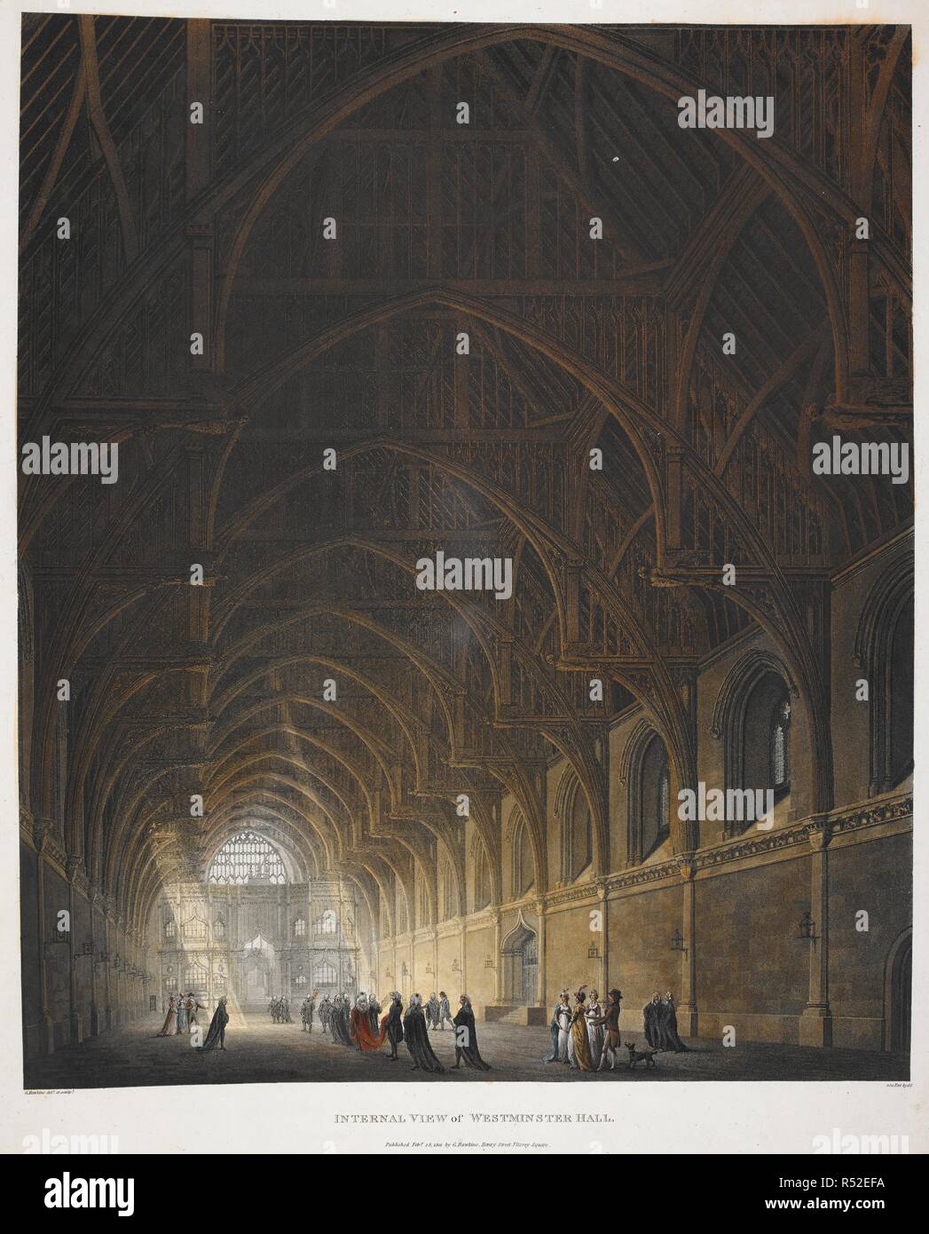 Innenansicht der Westminster Hall zeigt die Hammer-beam Dach; eine Prozession verlassen nach links; die Zahlen Studium der Skulptur auf der rechten Seite; ein Fenster am Ende der Halle; ein Mensch und ein Hund in der Mitte. Interne Blick auf die Westminster Hall. [London]: Veröffentlichte Feby 28, 1801 durch G. Hawkins, Henry Street Fitzroy Square., [28 Februar 1801]. Radierung und Aquatinta mit hand-Färbung. Quelle: Karten K. Top. 8.03. Ich. Sprache: Englisch. Autor: Hawkins, George. Stockfoto