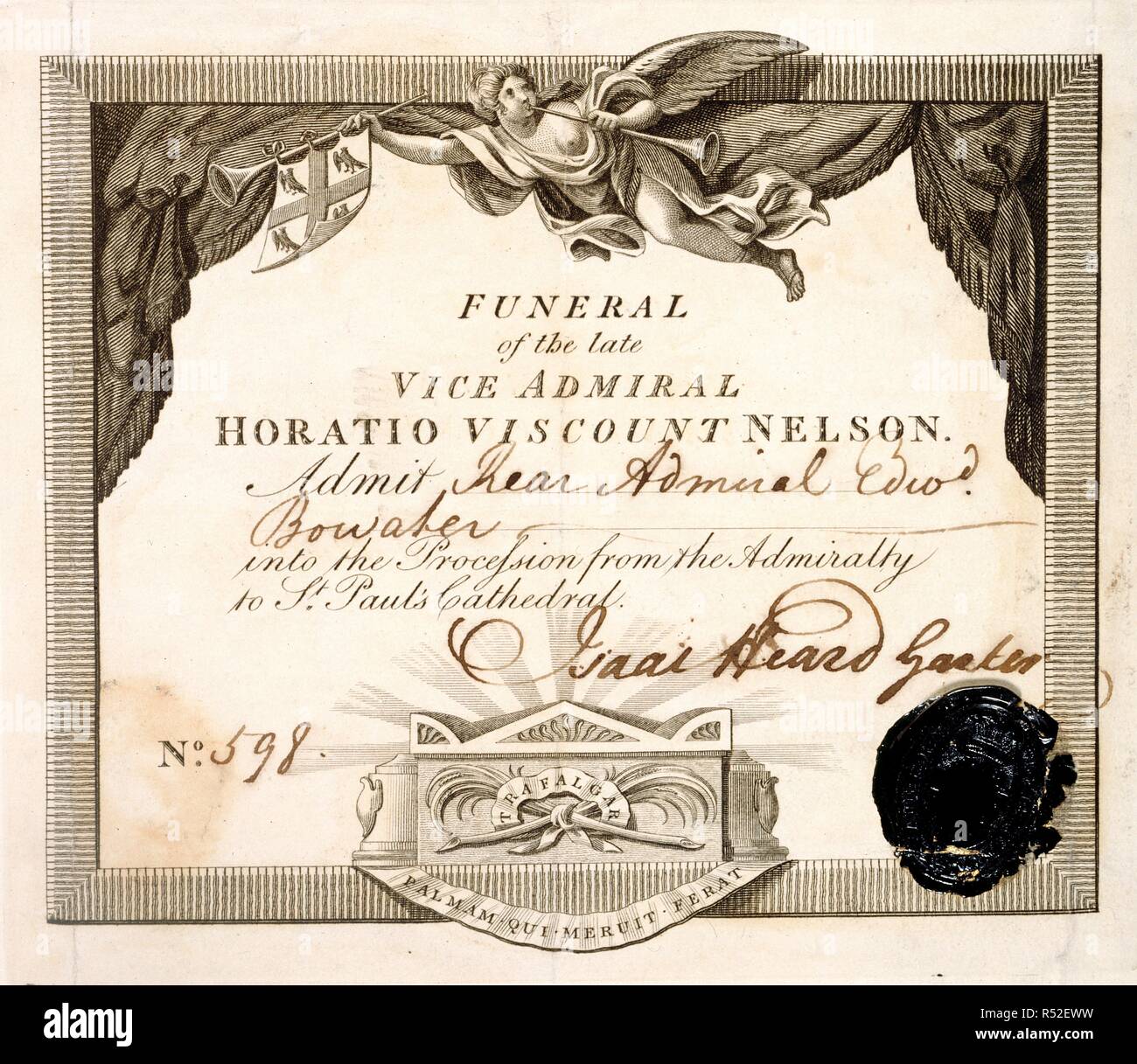 Eintrittskarte. Knightley Papers, Vol. III. England [London]; 1806. [Ganze folio] Eintrittskarte für Konteradmiral Edward Bowater der Beerdigung von Herrn Nelson an die St Paul's Kathedrale am 10. Januar 1806 zu besuchen. Sir Isaac gehört, Strumpfband, der König von Waffen Bild von knightley Papers, Vol. III übernommen. unterzeichnet. Ursprünglich veröffentlicht in England [London] produziert; 1806. . Quelle: Hinzufügen. 46358, f.170. Sprache: Englisch. Stockfoto