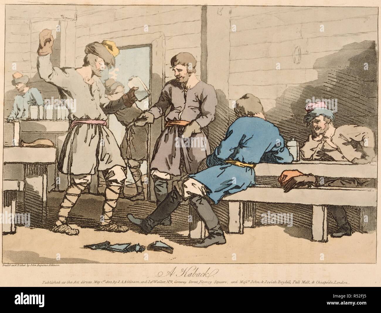 Russische Männer trinken in einem Gasthaus oder Kaback. Eine malerische Darstellung der Sitten, Gebräuche und Vergnügungen der Russen, in Hundert farbige Platten; mit einer genauen Erläuterung der einzelnen Platte, in Englisch und Französisch. James Carpenter & Joseph Booker: London, 1812. Quelle: 150 k., 17,. Autor: Atkinson, J. A. Atkinson J. A. Walker, J. Stockfoto