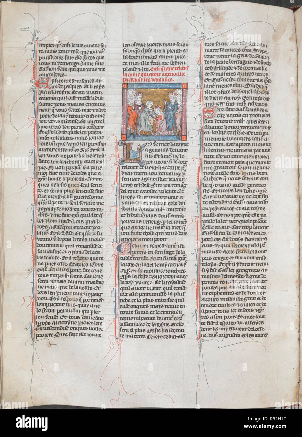 Miniatur zeigt Lancelot, Guinevere, die vor King Arthur, Galahad und