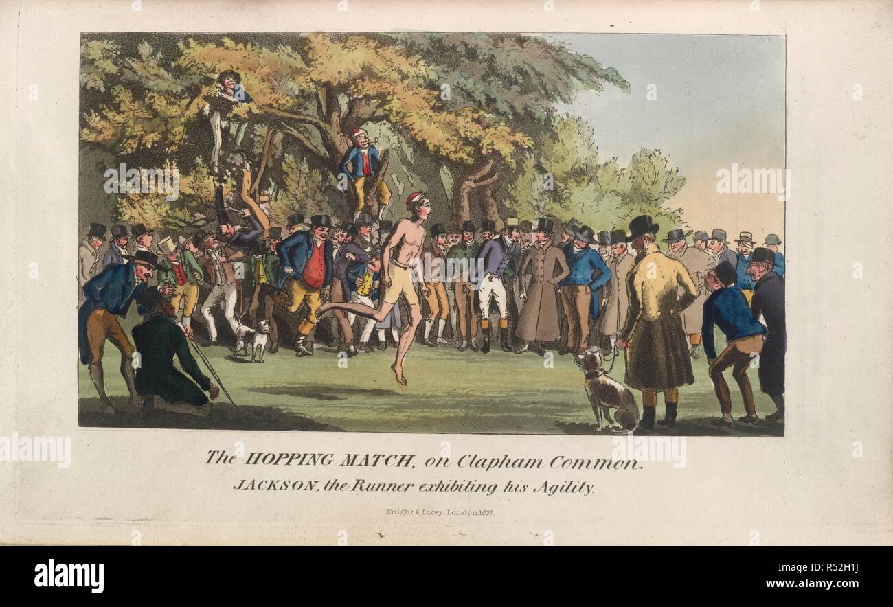 Die Hopping übereinstimmen. S. E. des Anekdoten der Rasen, der Verfolgung, der Ring. London, 1827. Die Hopping Match auf Clapham Common. Jackson, der Läufer seine Beweglichkeit' ausstellen. Am 6. Oktober 1876, William Jackson vereinbart gegen Richard Roberts für 13 Pfund eine Seite zu springen. Jackson gewonnen. Bild von P.E.'s Anekdoten der Rasen, der Verfolgung, der Ring, und die Bühne mit 13 farbigen Tafeln, aus der Natur entworfen und von T. Lane geätzt. Ursprünglich veröffentlicht in London, 1827 produziert. . Quelle: C.71.F 7, gegenüber 298. Sprache: Englisch. Stockfoto