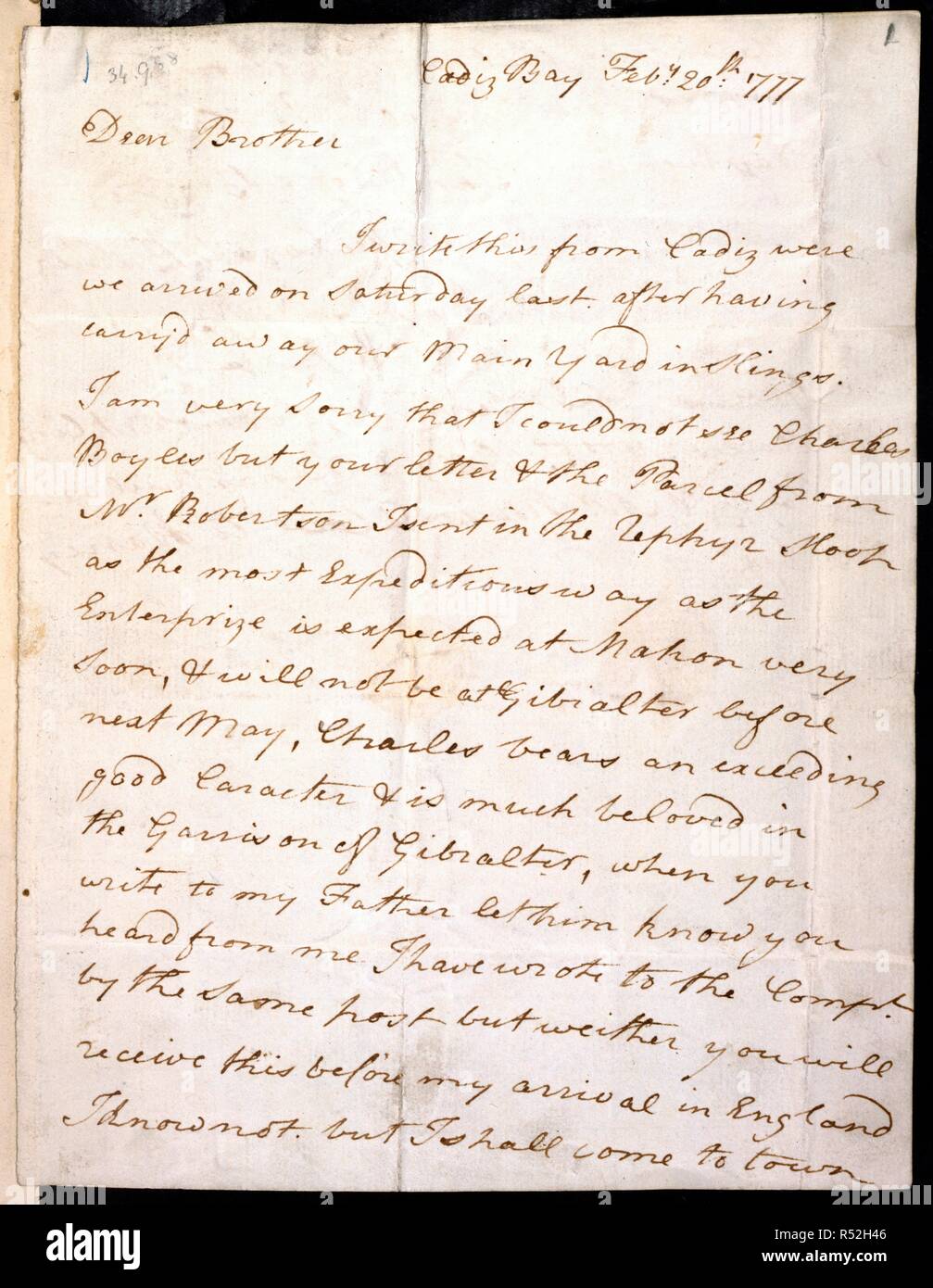 Brief von Lord Nelson. Nelson Papers, Vol.Lxxxvii. Die Bucht von Cadiz [Spanien]; 1777. [Ganze folio] Autogramm Schreiben vom Lord Nelson zu seinem Bruder, Pfr. William Nelson. Die Bucht von Cadiz, 20. Februar 1777 Bild von Nelson Papers, Vol.Lxxxvii. Ursprünglich veröffentlicht in Spanien [die Bucht von Cadiz] produziert; 1777. . Quelle: Hinzufügen. 34988, f 1. Sprache: Englisch. Stockfoto