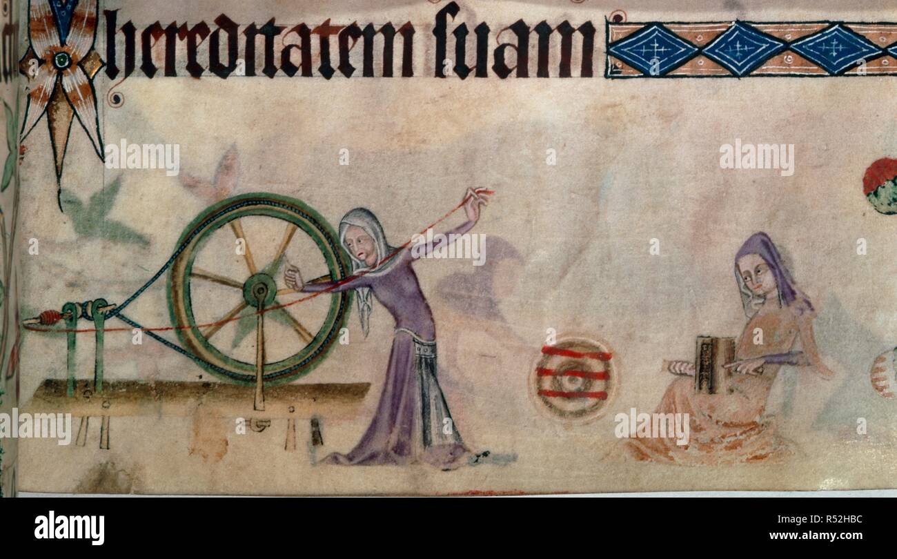 Detail] unteren Rand. Eine Frau mit Spinning Wheel. Neben ihr, ein rundes  Objekt [Korb?] mit drei Strängen der Roten wolle. Auf der rechten Seite,  sitzende Frau kardierte Wolle mit zwei Karten. Luttrell