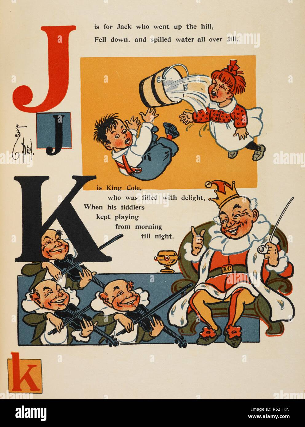 Alphabet Seite: J und K Jack und Jill. King Cole. Denslow der Vogelscheuche und dem Tin-Man und andere Geschichten. [Mit Illustrationen des Autors.]. T. Fisher Unwin: London; New York [Druck], [1904]. Quelle: 12812. d. 19. Autor: Leason, Percy Alexander. Stockfoto