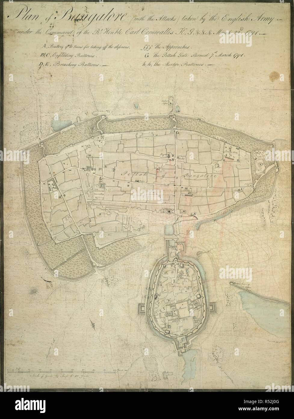 Ein Plan von Bangalore (mit den Anschlägen), die von der englischen Armee übernommen. Zwanzig - zwei Lose Zeichnungen zusammen mit einer Karte und drei Pläne. Home begleitet die Britische Armee unter Cornwallis während des 3 Mysore Krieg 1791-1792 und zog viele Der hügelburgen oder droogs, während der Kampagne erfasst. 1792. waschen. Quelle: WD 3775, Seite 26. Sprache: Englisch. Thema: Startseite, Robert. Stockfoto