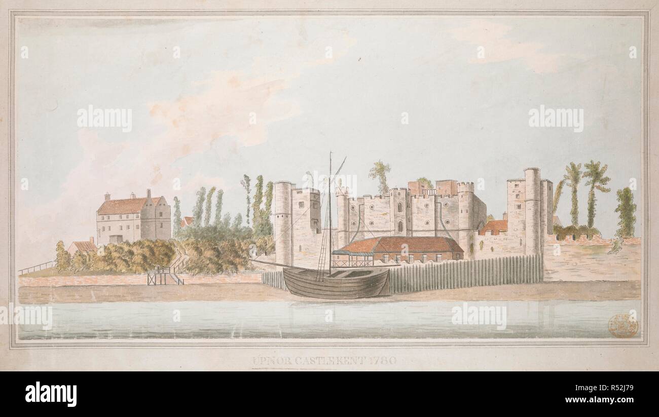 Ein Boot auf dem Wasser im Vordergrund; Upnor Schloss in der Mitte Masse; Bäume auf der linken Seite. UPNOR SCHLOSS KENT. 1780. Quelle: Karten K... b 18.58. Sprache: Englisch. Stockfoto