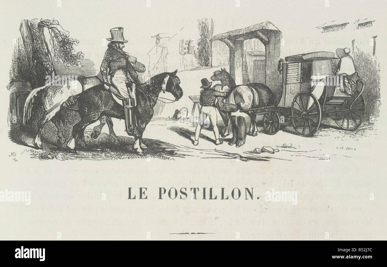 Le Postillon. Les FranÃ§ais peints par eux-mÃªmes. 5 Tom. (Les Fra. Paris, 1840. Ein Pferd und Wagen. Bild von Les FranÃ§ais peints par eux-mÃªmes genommen. 5 Tom. (Les§ais Français peints par eux-mÃªmes Provinz. 3 Tom.) [den Buchdruck durch H. de Balzac, Jules Janin, Alphonse Kan und andere. Abbildungen, farbige und farblose, Gavarni und H.B. Monnier.]. Ursprünglich veröffentlicht in Paris, 1840 produziert. . Quelle: 1457 k. 8-15 Band 1, 285. Sprache: Französisch. Stockfoto