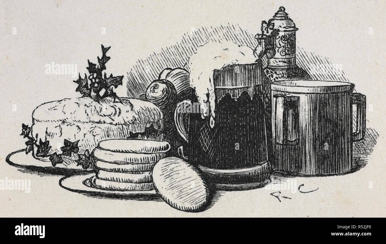 Eine Darstellung der plumpudding mit anderen Essen und Trinken. Alte Weihnachten. Aus der Skizze Buch von Washington Irving. Illustriert von R. Caldecott. London: Macmillan & Co., 1876. Quelle: YA.1987.a.16643. Autor: IRVING, Washington. Randolph Caldecott. Stockfoto