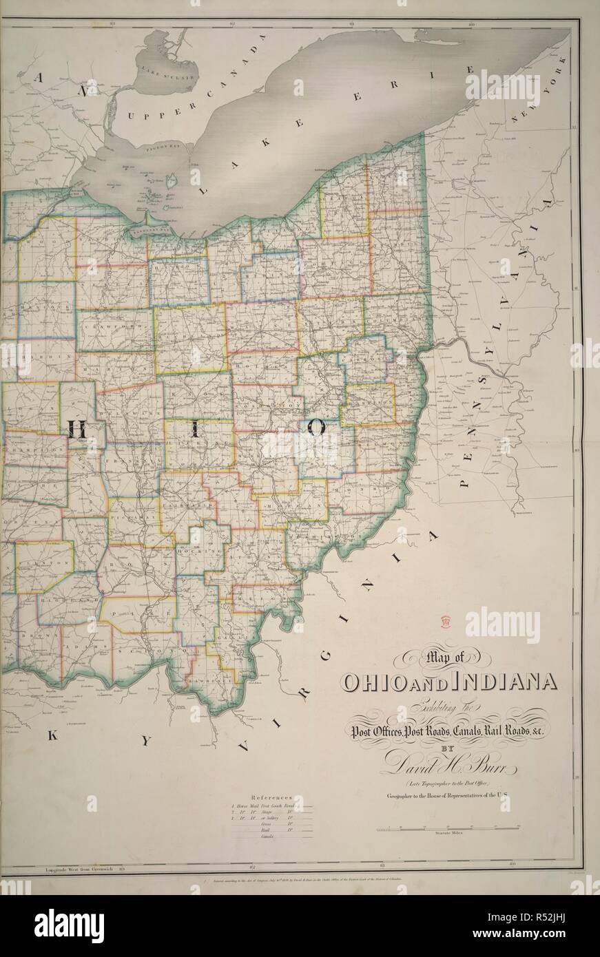 Ohio und Indiana. Die amerikanische Atlas; die Post, S. [Washington, D.C.]: D.H. Burr, Juli 10th, 1839. Karte von Ohio und Indiana. Bild von der amerikanischen Atlas genommen; die Post, Post Straßen, Eisenbahn Straßen, Kanäle und die Physische und politische Spaltung der Vereinigten Staaten von Nordamerika; von der Regierung Umfragen und andere offizielle Materialien konstruiert. Von D.H. Burr. John arrowsmith [Del]. Ursprünglich veröffentlichte/in [Washington, D.C.]: D.H. Burr, Juli 10th, 1839. . Quelle: Maps.145.e.8, Nr. 19. Sprache: Englisch. Stockfoto