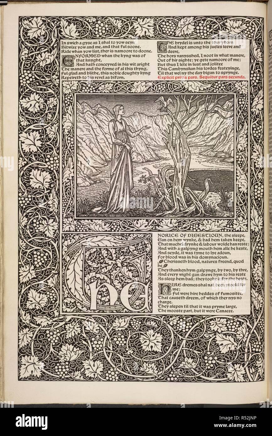 Der knappe Geschichte. Die Werke von Geoffrey Chaucer jetzt neu bedruckt. Kelmscott Press: Hammersmith, 1896. Eine Frau, die durch einen Pool, einen Vogel in einem Baum. Geschichte Der Squire. Bild aus den Werken von Geoffrey Chaucer jetzt neu bedruckt. (Herausgegeben von F.S. Ellis; mit Bildern, die von Sir Edward Burne-Jones verziert, und graviert auf Holz von W. H. Böttcher). Ursprünglich veröffentlicht in Kelmscott Press: Hammersmith, 1896 produziert. . Quelle: C.43.h.19,. Sprache: Englisch. Stockfoto