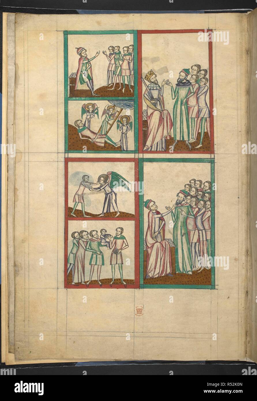 4 Figuren: 1. Isaak Jakob zu Laban's House, und Jakobs Traum; 2. Jakob Ringen der Engel, und der Verkauf von Joseph; 3. Joseph vor Pharao; 4. Joseph von seinen Brüdern. Omne Bonum (Absolucio-Circumcisio). England, S.E. (London); c. 1360 - C. 1375. Quelle: Royal 6 E.VI, f. 3 v. Sprache: Latein. Autor: JAMES LE PALMER. Stockfoto