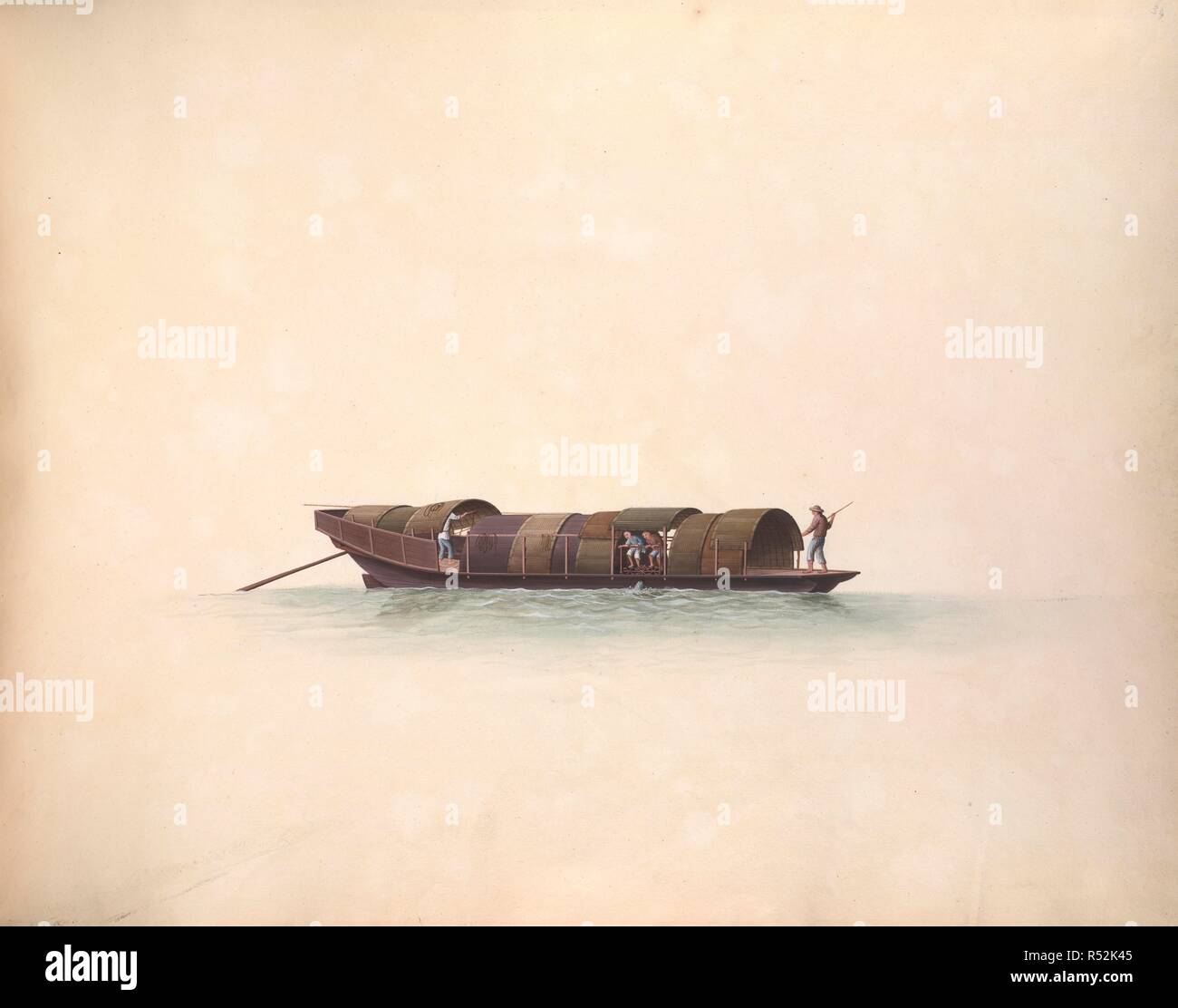 Fisch Boot. 1800 - 1805. Kow-kong-liu-Sheun. Boot für den Transport von lebenden Fischen'. Bezeichnet: 'Fischerboot von Chinchiang'. Opak Aquarell. China/Kanton Stil. Ursprünglich veröffentlicht in 1800 - 1805. Quelle: Hinzufügen. Oder. 2000. Sprache: Chinesisch. Stockfoto