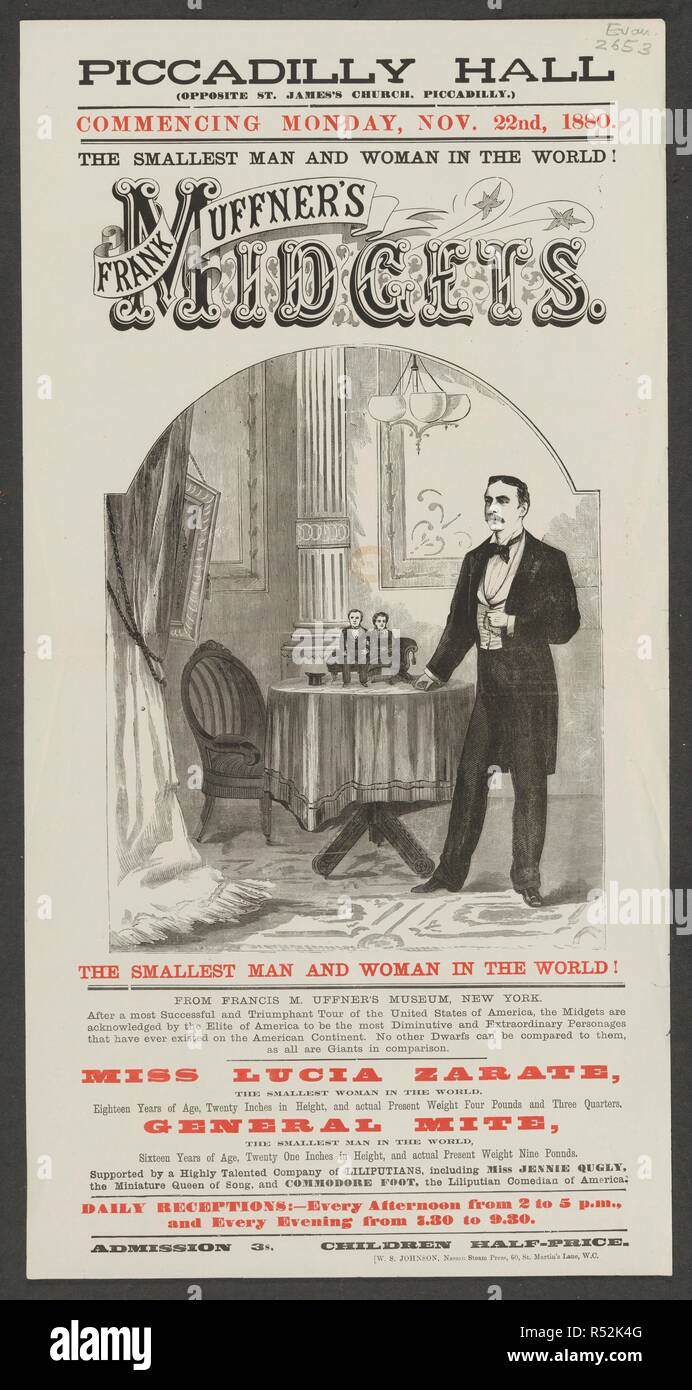 Die kleinste der Mann und die Frau in der Welt! Frank Uffner der Zwerge im Piccadilly Hall, Piccadilly. Frank Uffner ist mit Lucia Zarate und Allgemeine Milbe gezeigt. [London]: W. S. Johnson, Nassau Dampf drücken, 60 St. Martin's Lane, W.C., 1880. Quelle: Evan. 2653. Sprache: Englisch. Stockfoto