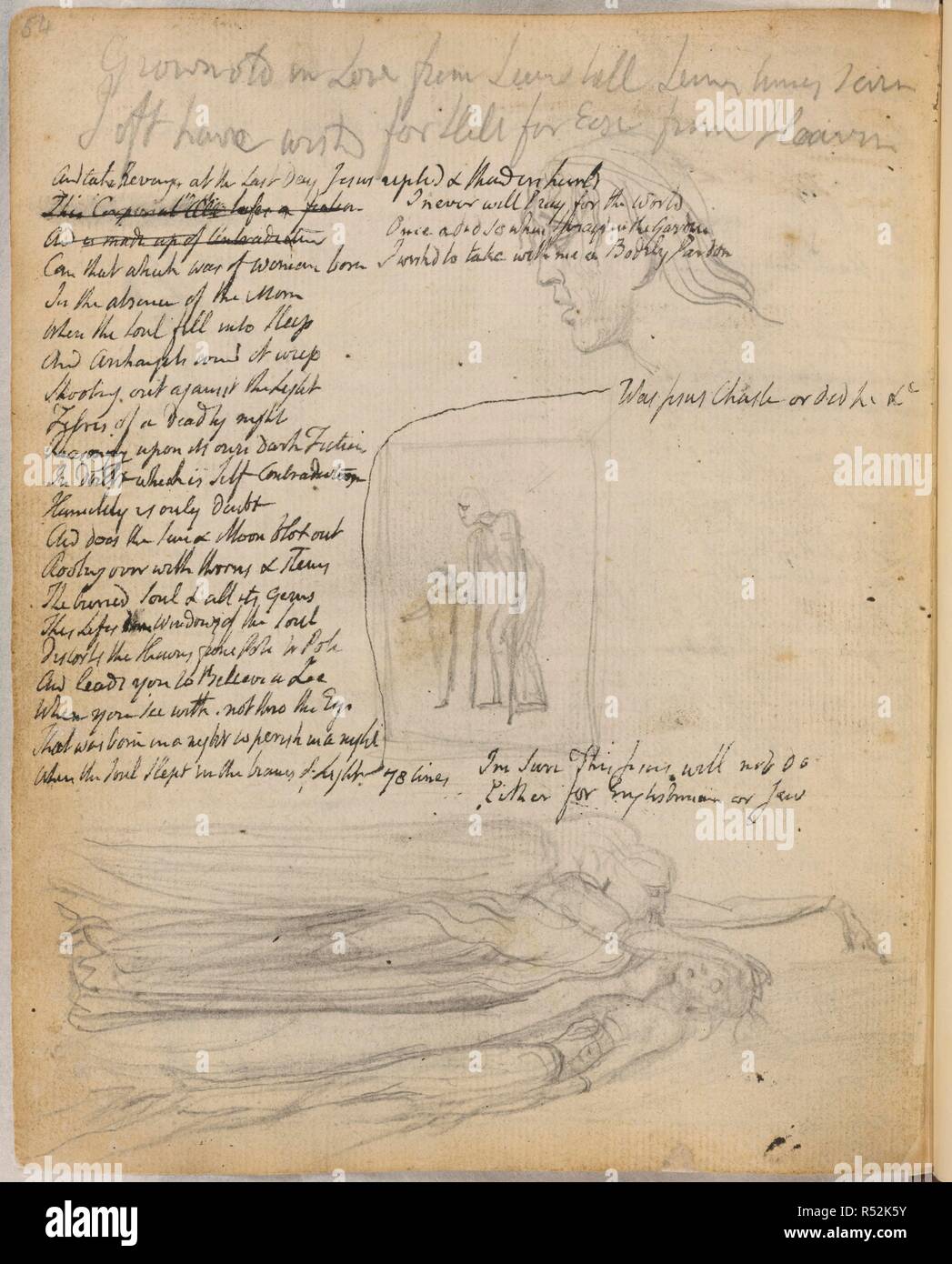 Emblem 33; Jugend führenden Alter. Notebook von William Blake. England; ca. 1787-1818. [Ganze folio] Eine tragische Kopf, im Profil, mit Schlössern über den Augen. Emblem Zeichnung des Alterns Reisender auf Krücken die Annahme der zuversichtlich Anleitung der Jugend, aus "London", Lieder von Erfahrung [1794]. Unten, Skizze für die Farbe drucken von Elohim Adam erstellen. Autogramm Entwürfe von zwei Gedichten' gewachsen alte in der Liebe von sieben bis Sieben mal sieben" und "Jesus war bescheiden oder hat er usw.', vom Bild des "ewigen Evangelium" von Notebook von William Blake. Ursprünglich veröffentlicht in England produziert; ca. 1787 - Stockfoto