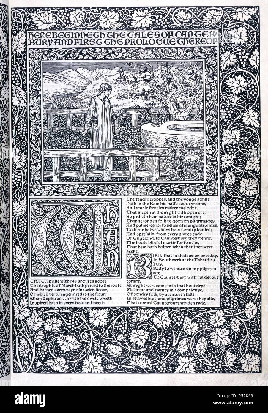 Prolog Seite. Die Werke von Geoffrey Chaucer jetzt neu bedruckt. Kelmscott Press: Hammersmith, 1896. Der Prolog Seite der Canterbury Tales. Bild aus den Werken von Geoffrey Chaucer jetzt neu bedruckt. (Herausgegeben von F.S. Ellis; mit Bildern, die von Sir Edward Burne-Jones verziert, und graviert auf Holz von W. H. Böttcher). Ursprünglich veröffentlicht in Kelmscott Press: Hammersmith, 1896 produziert. . Quelle: C.43.h.19, Prolog. Sprache: Englisch. Stockfoto