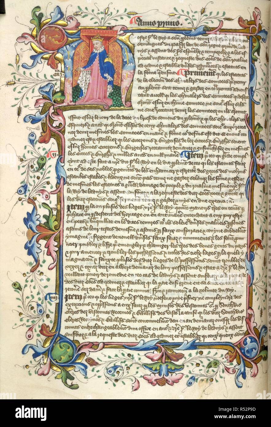 Erste Historisierende 'N' (ostre) von Henry V, und eine vollständige foliate Grenze, am Anfang seiner Gebote. Nova Statuta, von Edward III., Heinrich VI. und endet im Jahr 1451. England, S.E. (London); zwischen 1451 und C. 1480. Quelle: Yates Thompson 48, w.172 v. Sprache: Französisch. Stockfoto