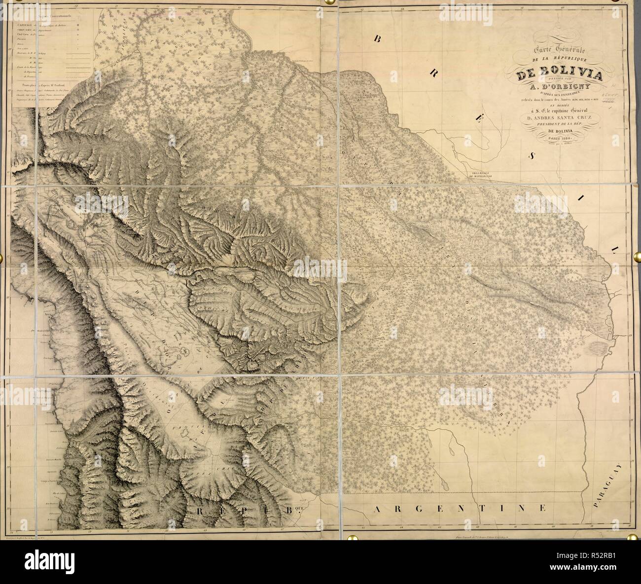 Eine Karte der Republik Bolivien. Carte de la GeÌneÌrale ReÌpublique de Bolivien; dresseÌe par A. D'OrbigÌ ‡ ny, d'apreÌ € s ses ItineÌraires releveÌs dans le cours des AnneÌes 1830, 1831, 1832 et 1833, etc.: s. Levrault Paris et Cie, 1839. Quelle: Karten 86055. (1.). Thema: d'Orbigny, Charles. Stockfoto