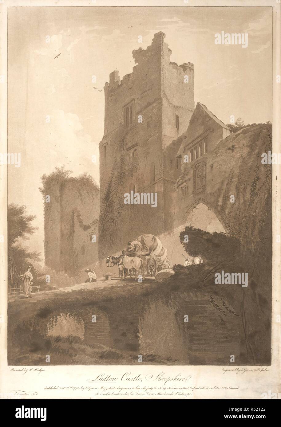 Platte 1. Der ruinöse Burg Tor von Ludlow Castle, mit rustikalen Zahlen und ein pferdefuhrwerk am Eingang. Ein Faß auf der Warenkorb ist mit der Aufschrift "H78". Ludlow Castle, Shropshire. Okt. r 16 1778 veröffentlicht, von V. Grün, mezzotinto Stecher seiner Majestät, &c. Kontakte No 29, Newman Street, Oxford, Kontakte No 52, Strand. /Se vend ein Londres, chez les Freres Terre, Marchands d'Estampes. 16.Oktober 1778. Sepia burin Gravur und Aquatinta. Quelle: Karten K. Top. 36.15. d. Sprache: Englisch. Autor: Hodges, W. Stockfoto