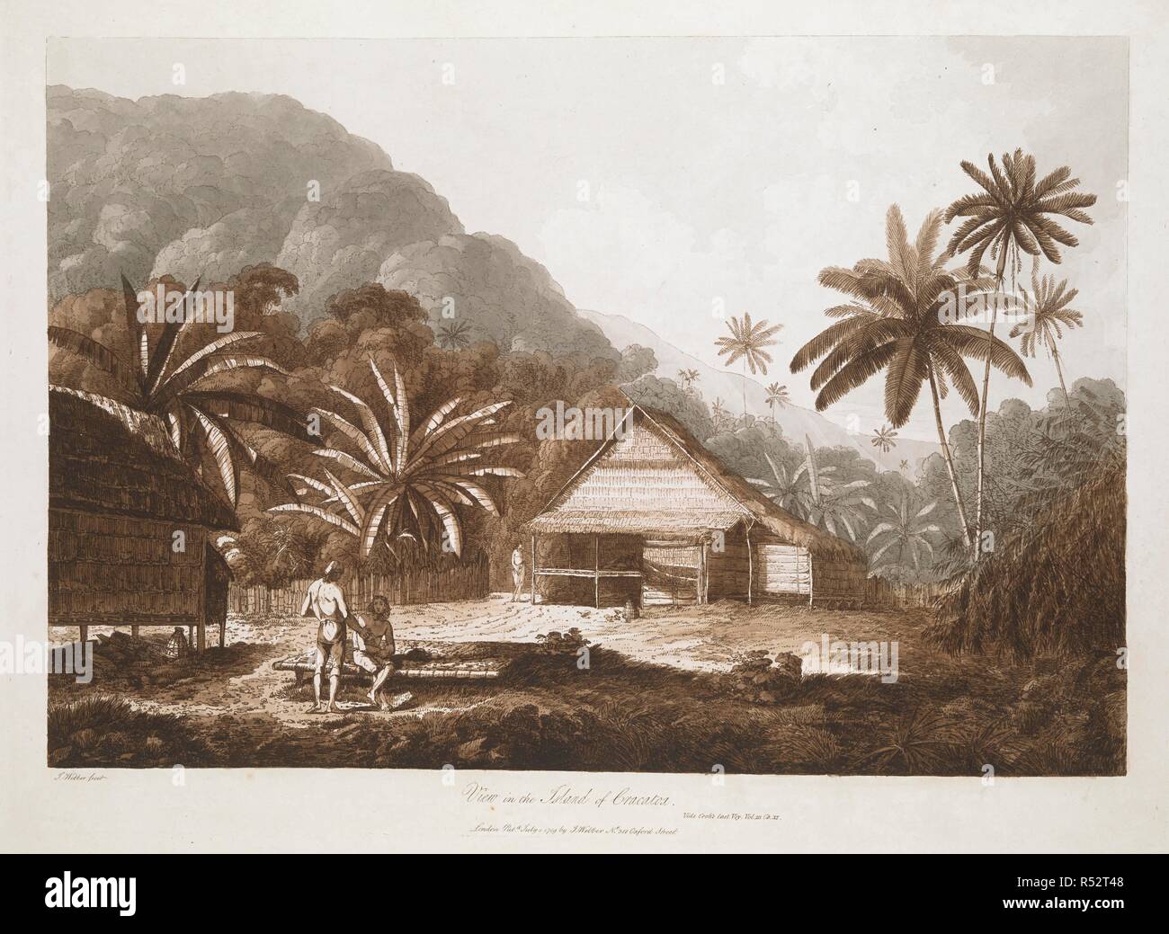 Blick auf der Insel Cracatoa. Blick auf der Insel Cracatoa. : Vide letzte Cook's Woj. Vol. III Kap. XI. /J. Webber fecit. Â € "13 Blick auf die Inseln im Pazifischen Ozean,&c, I. Webber, 1787-92.â €™. London: Pubd vom 1. Juli 1789 von J. Webber Nr. 312 Oxford. Quelle: Maps.7 Tab.74. j. Stockfoto