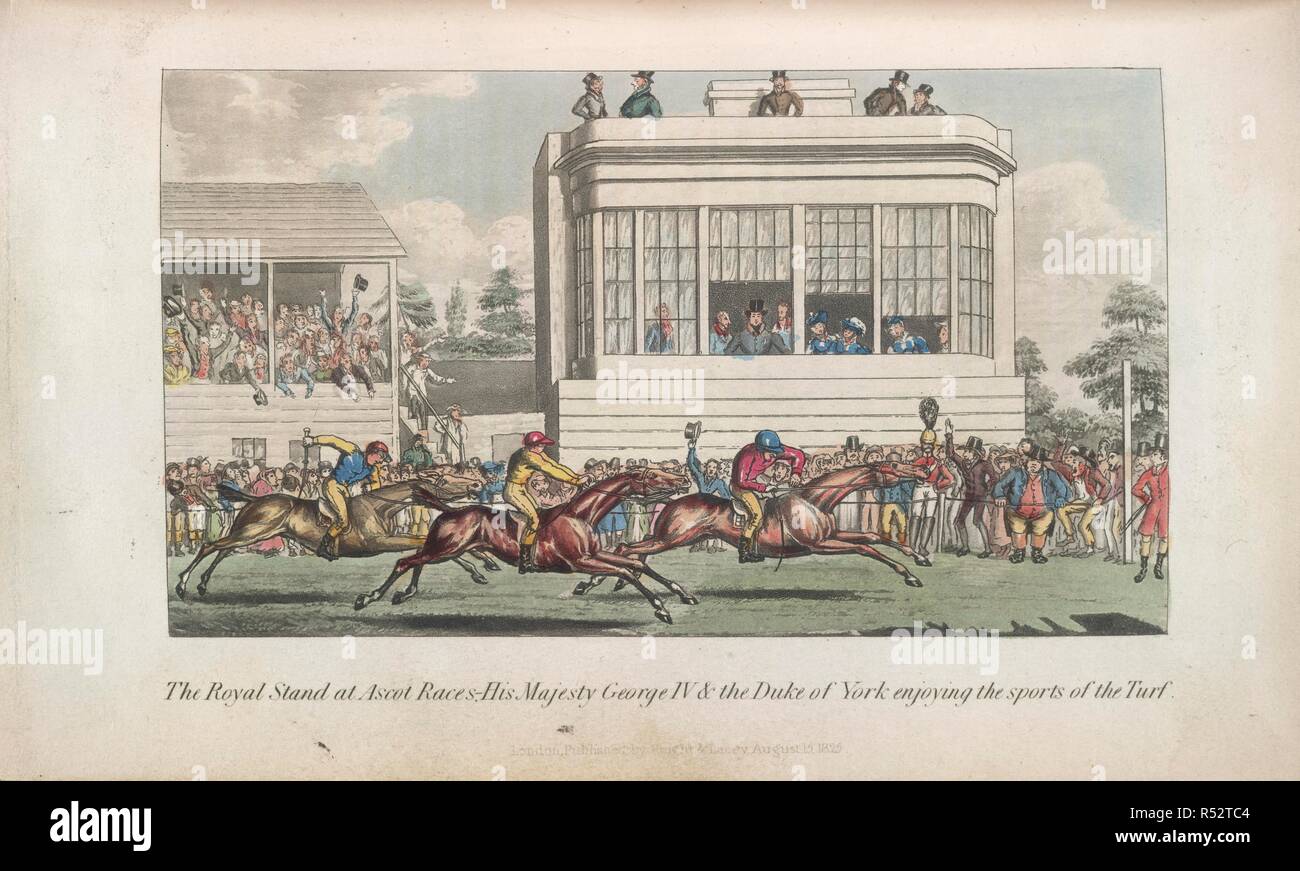 Pferderennen in Ascot. S. E. des Anekdoten der Rasen, der Verfolgung, der Ring. London, 1827. Das Royal in Ascot Rennen Stand, Seine Majestät George IV und der Herzog von York genießen der Sport der Turf". Bild von P.E.'s Anekdoten der Rasen, der Verfolgung, der Ring, und die Bühne mit 13 farbigen Tafeln, aus der Natur entworfen und von T. Lane geätzt. Ursprünglich veröffentlicht in London, 1827 produziert. . Quelle: C.71.F 7. Sprache: Englisch. Stockfoto