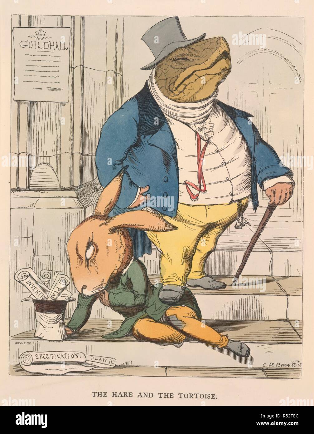 Der Hase und die Schildkröte. Die Fabeln von Ã†Sop und andere. In hum übersetzt. W. Kent & Co.: London, 1857. Der Hase und die Schildkröte. Bild aus der Fabeln von Ã†Sop und andere übernommen. In der menschlichen Natur, entworfen und auf den Wald von Charles H. Bennett, etc. Ursprünglich veröffentlichte/in W. Kent & Co.: London, 1857 hergestellt wurden übersetzt. . Quelle: 12305 b. 11, gegenüber 18. Sprache: Englisch. Autor: AESOP. Bennett, C.H.Swain, J. Stockfoto