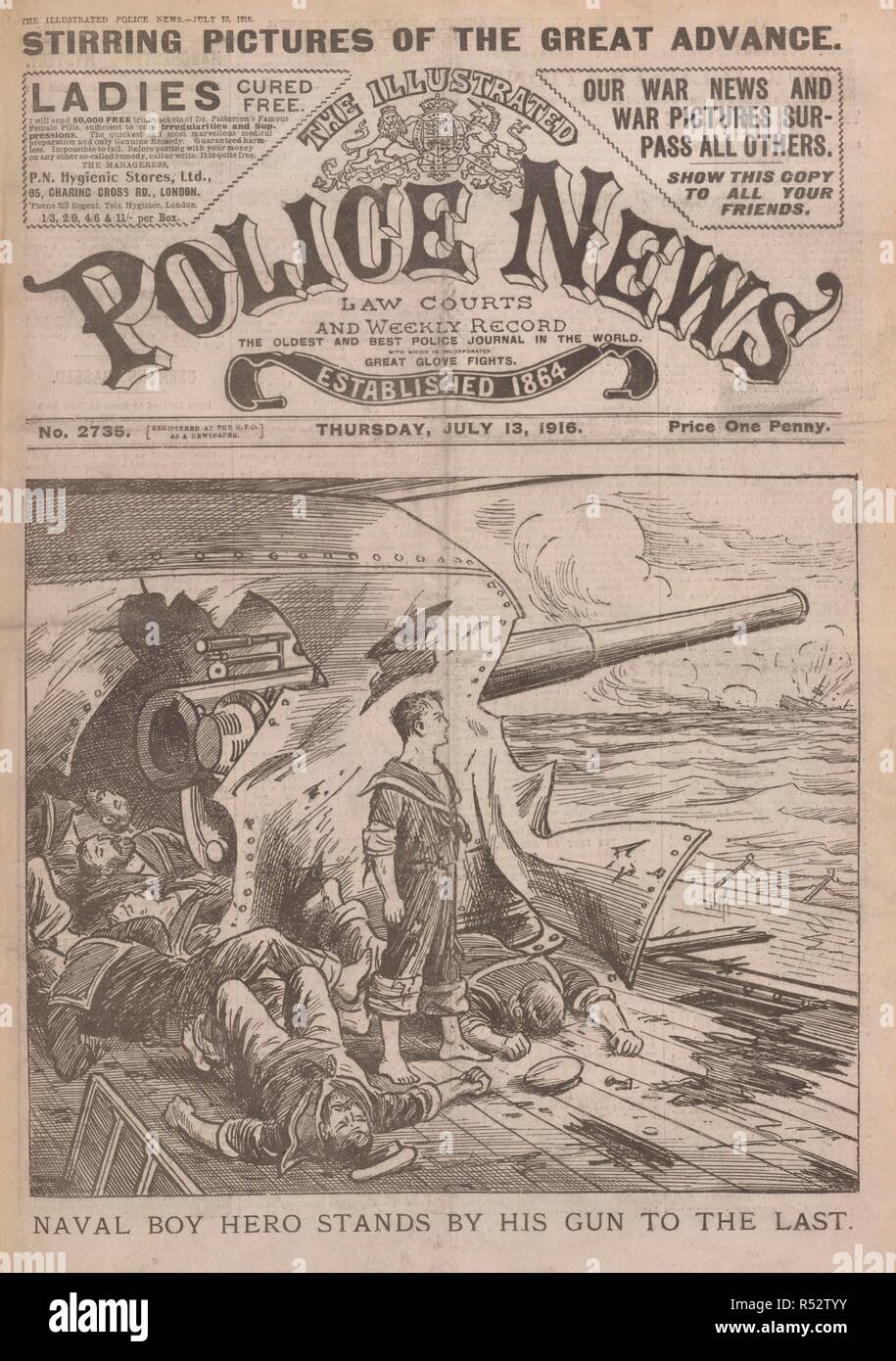"Naval junge Held steht durch seine Waffe auf den letzten". Dies ist wahrscheinlich Jack Cornwall (John Travers Cornwell VC (8. Januar 1900 â € "2. Juni 1916). Ein Marine, der im Alter von 16 wurde posthum der Victoria Cross, für seine Tapferkeit in der Schlacht von Jütland ausgezeichnet. Obwohl schwer verletzt, schaffte er es, wieder aufzustehen, und trotz der ganzen gun Crew um ihn tot oder verwundet, blieb Er stand zu seiner Post für mehr als 15 Minuten bis HMS Chester von der Tätigkeit im Ruhestand mit nur einem Main Gun arbeitet noch. Er starb später im Krankenhaus. Die in der Abbildung dargestellte Polizei Nachrichten. London, 1916. Quelle: Kranke Stockfoto