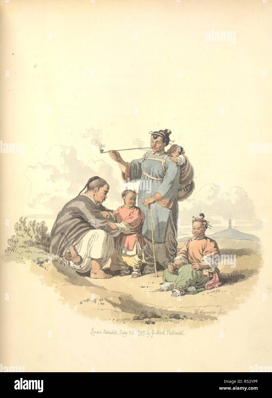Bauer mit Familie. Das Kostüm von China. Dargestellt in 48 C. William Miller: London, 1805. Ein Bauer, der mit seiner Frau und seiner Familie. Die Mutter ist Tabak mit einem Rohr. Der Vater trägt, um zu seinen Gürtel befestigt, ein Tabak Geldbeutel, Messer, und seine Feuerstein und Stahl, durch die die chinesischen Licht ein Rohr sehr zügig. Die Füße der Kinder sind in Bandagen gebunden, das Wachstum der Füße zu beschränken. Bild aus dem Kostüm von China übernommen. Dargestellt in 48 farbigen Holzschnitten. Ursprünglich veröffentlicht in William Miller: London, 1805 produziert. . Quelle: 455. e.9, 2. Langua Stockfoto