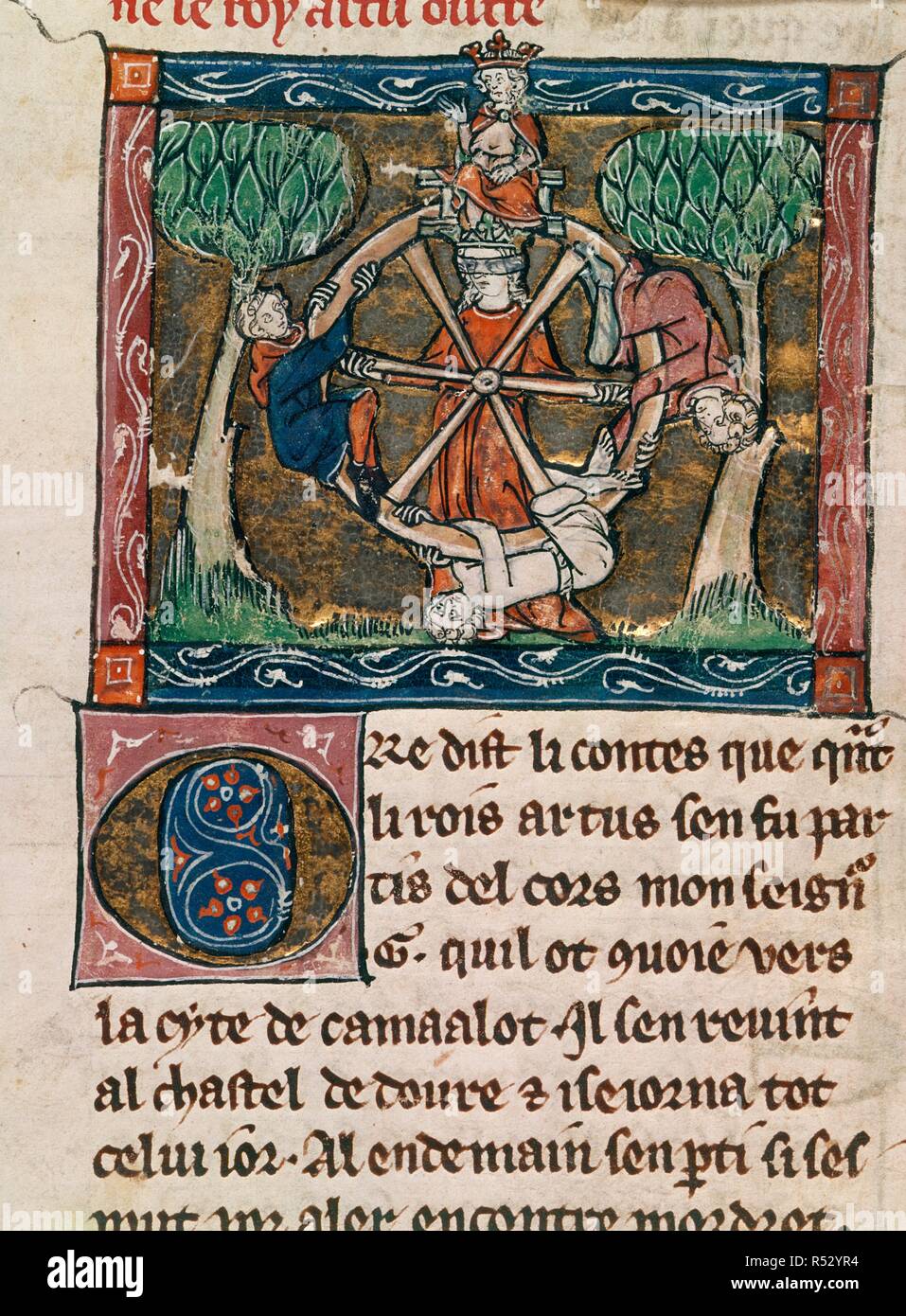 Arthur am Glücksrad. La Mort le Roi Artus. Frankreich ; circa 1316. (Rechte Miniatur) König Arthur's Vision von Rad Bild des Fortune von La Mort le Roi Artus genommen. Ursprünglich veröffentlicht in Frankreich hergestellt; circa 1316. . Quelle: Hinzufügen. 10294, f 89. Sprache: Französisch. Stockfoto