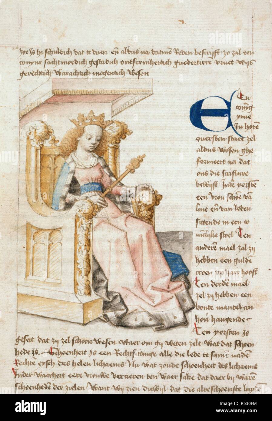 Eine Königin thront. Dat Scaecspel. N. Niederlande [Haarlem?]; ca. 1475-1480. [Ganze folio] eine Königin, unter einem Baldachin sitzend, mit Krone und Zepter. Text aus der Niederländischen Adaption der "Ludus Scaccorum" von Jakob de Cessolis Bild von Dat Scaecspel genommen. Ursprünglich veröffentlichte/in N. Niederlande [Haarlem?] hergestellt; ca. 1475-1480. . Quelle: Hinzufügen. 10290, f.171 v. Sprache: Holländisch. Stockfoto