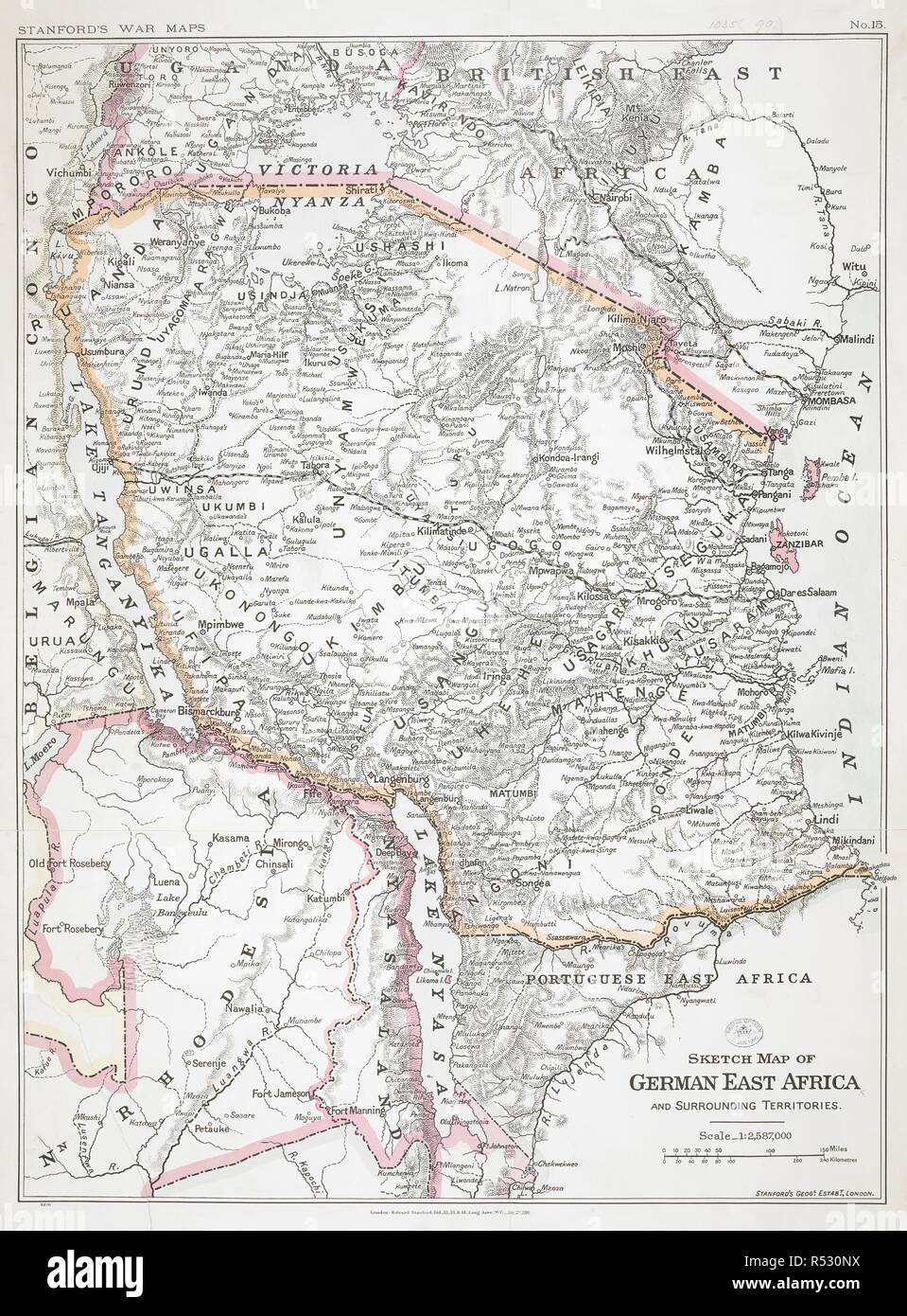 Ersten Weltkrieg Skizze Karte von Deutsch Ostafrika, 1916. Der Stanford Krieg Karten. Nr. 14. Skizze Karte von Deutsch Ostafrika und die umliegenden Gebiete. Maßstab: 1:2,587,000. 27. Januar 1916. Quelle: Maps. 1035. (90) Nr. 15. Stockfoto