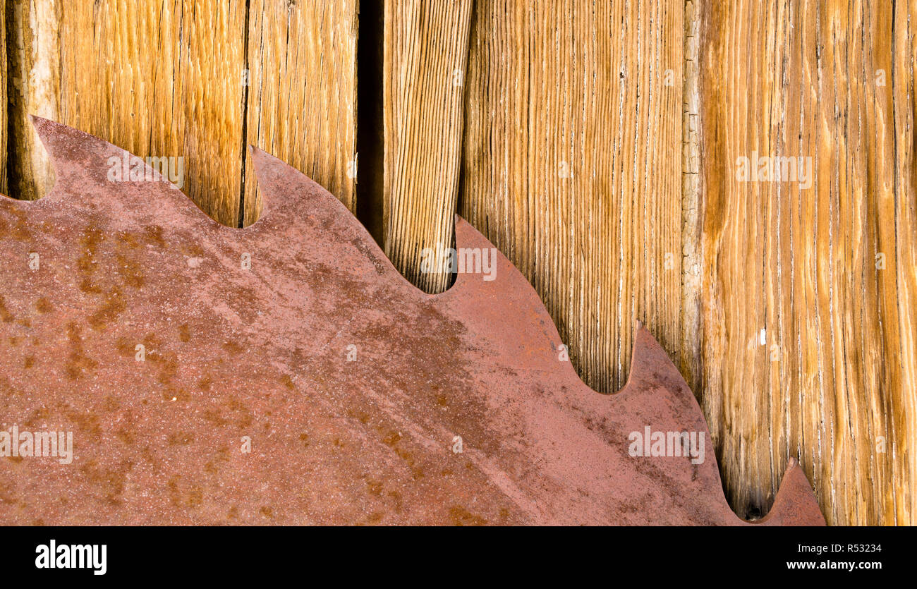 Rusty Sägeblatt gegen Holz es war zu Schneiden konzipiert Stockfoto