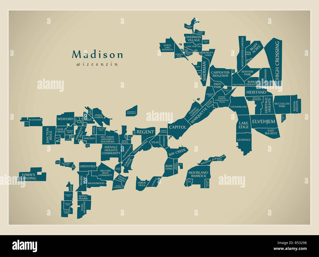 Moderne Stadtplan - Madison Wisconsin Stadt der USA mit Nachbarschaften und Titel Stock Vektor