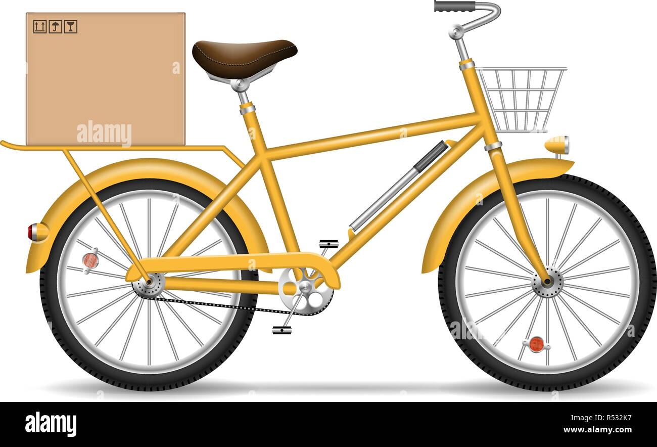 Realistische vektor Fahrrad mit Karton und Warenkorb auf weißem Hintergrund. Isolierte gelb Lieferung bike Seite anzeigen. Stock Vektor