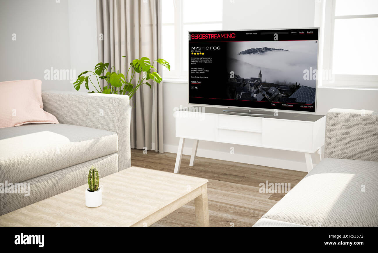 Streaming-TV-Serie in den skandinavischen Interieur mit grauen Sofa 3D-Rendering Stockfoto