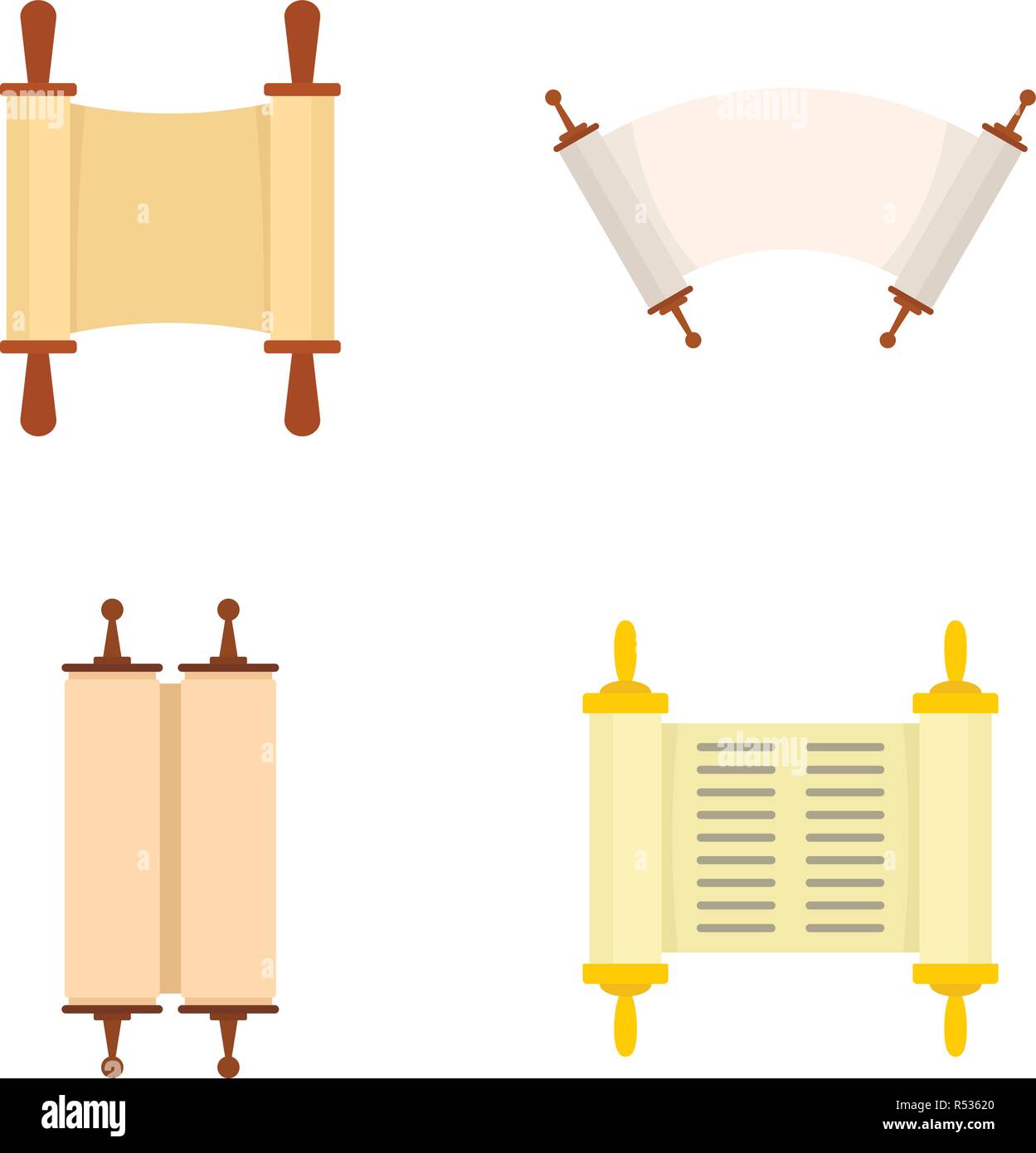 Torarolle buch Bibel schawuot Symbole gesetzt. Flache Darstellung von 4 Tora-rolle Buch Bibel schawuot Vector Icons für Web Stock Vektor