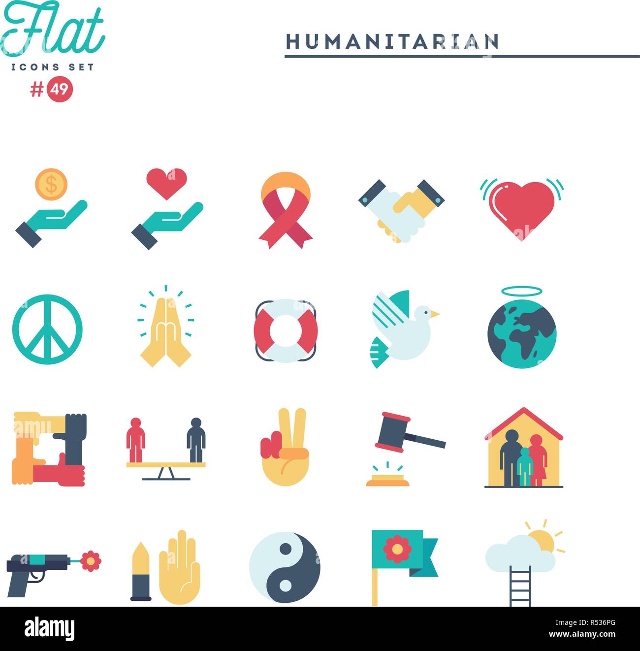 Humanitäre, Frieden, Gerechtigkeit, Menschenrechte und mehr, Flachbild Symbole gesetzt Stock Vektor