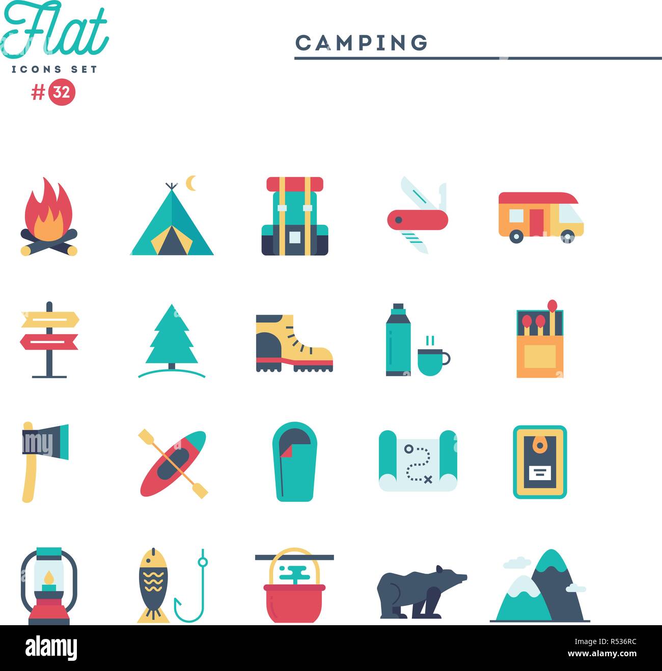 Camping, Wandern, Wildnis, Abenteuer und mehr, Flachbild Symbole gesetzt Stock Vektor