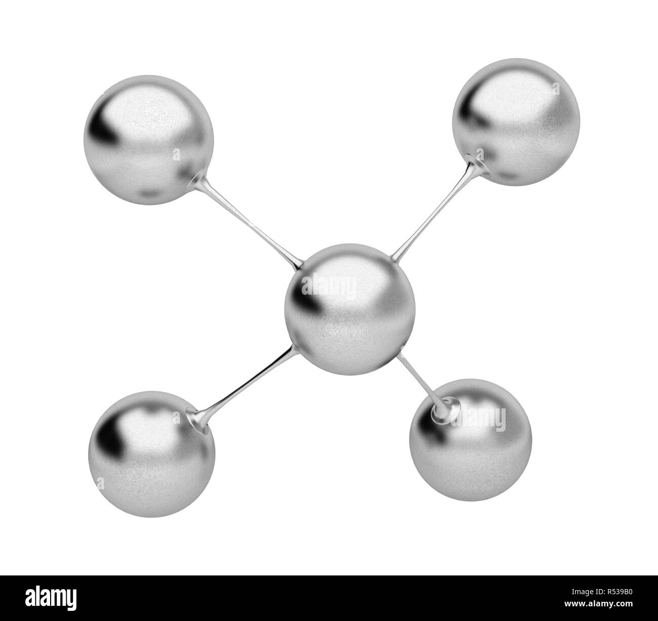 3D Rendering Illustration. Chrom poliert Molekülmodell abstraktes Konzept. Molekulare Form auf weißem Hintergrund. Stockfoto