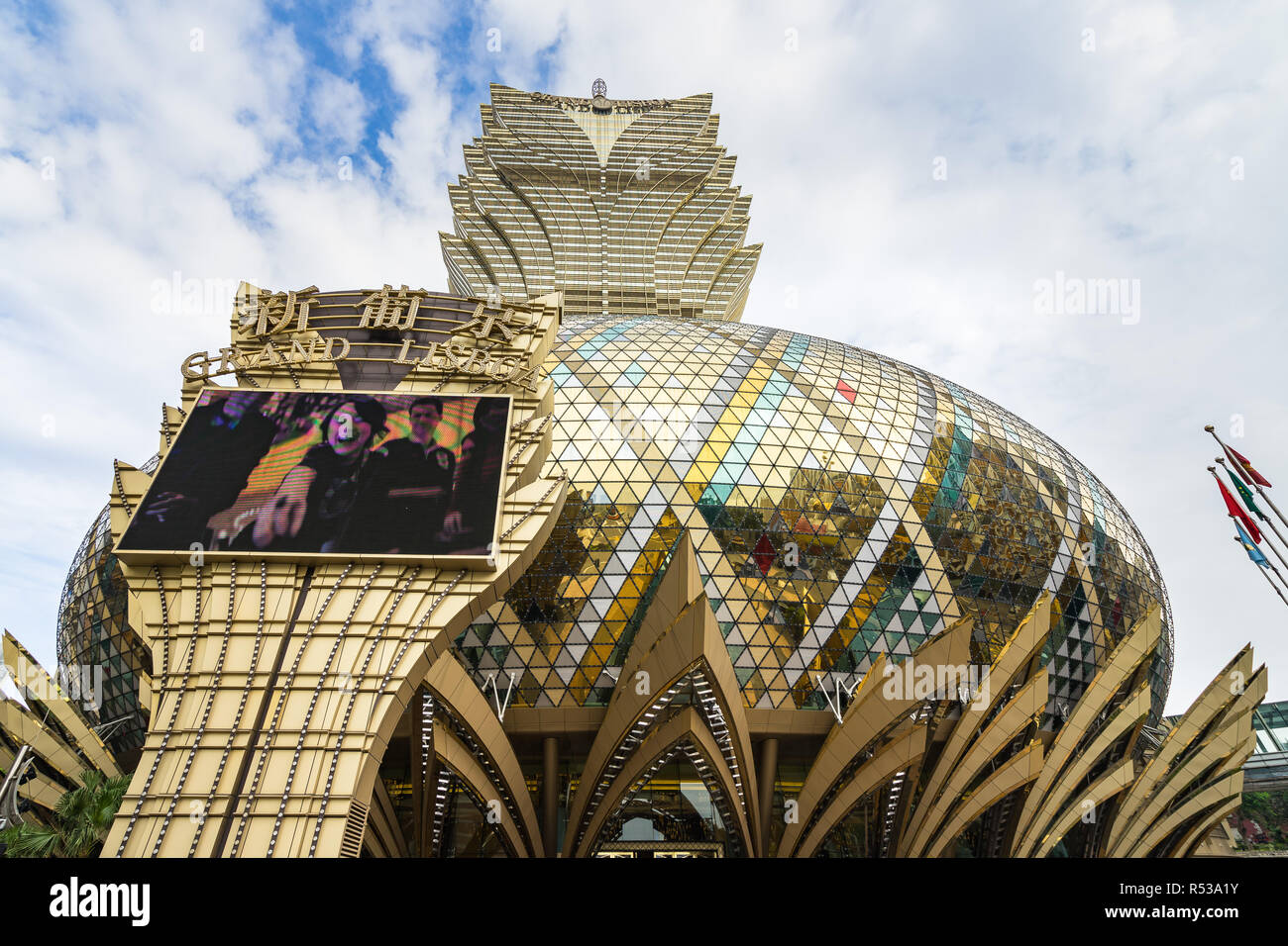 Grand Lisboa Luxus Hotel und Casino hat einen markanten architektonischen Stil. Macau, Januar 2018 Stockfoto