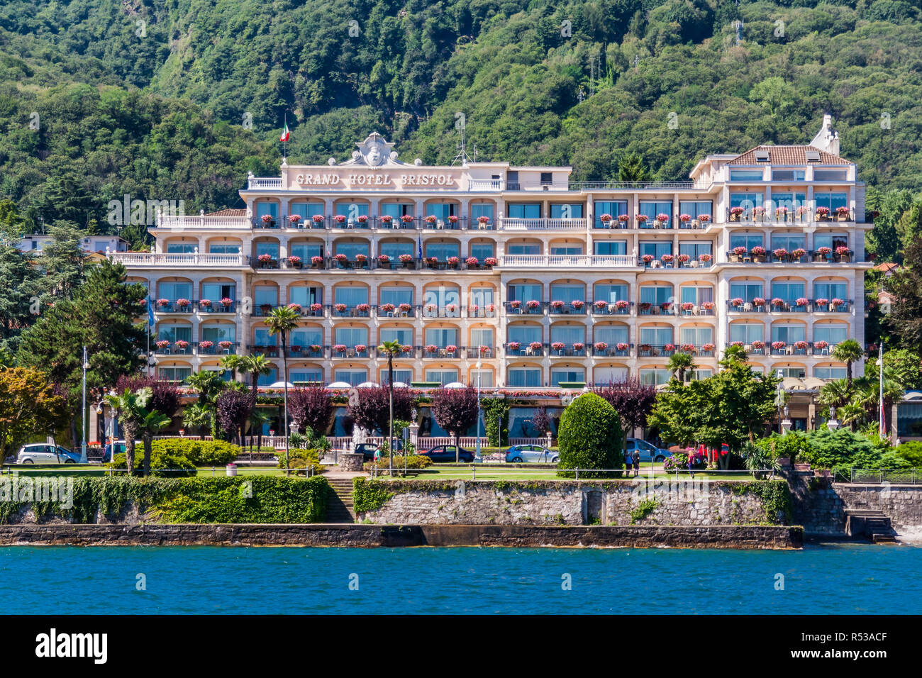 Stresa, Italien, 12. Juli 2012: Grand Hotel Bristol am Lago Maggiore. Dieses elegante Hotel war ein ehemaliges Herrenhaus, Stockfoto