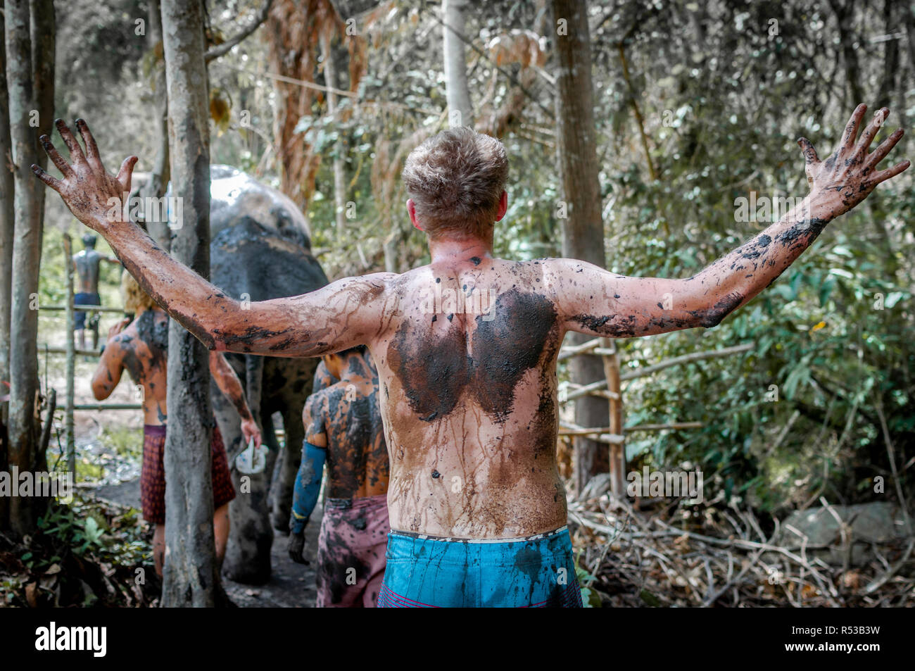 Ausländer hatte eine erstaunliche Erfahrung baden Elefanten in Chiang Mai, Thailand Asien mit seinem 'Mud der Ehre' auf seinem Körper. Stockfoto