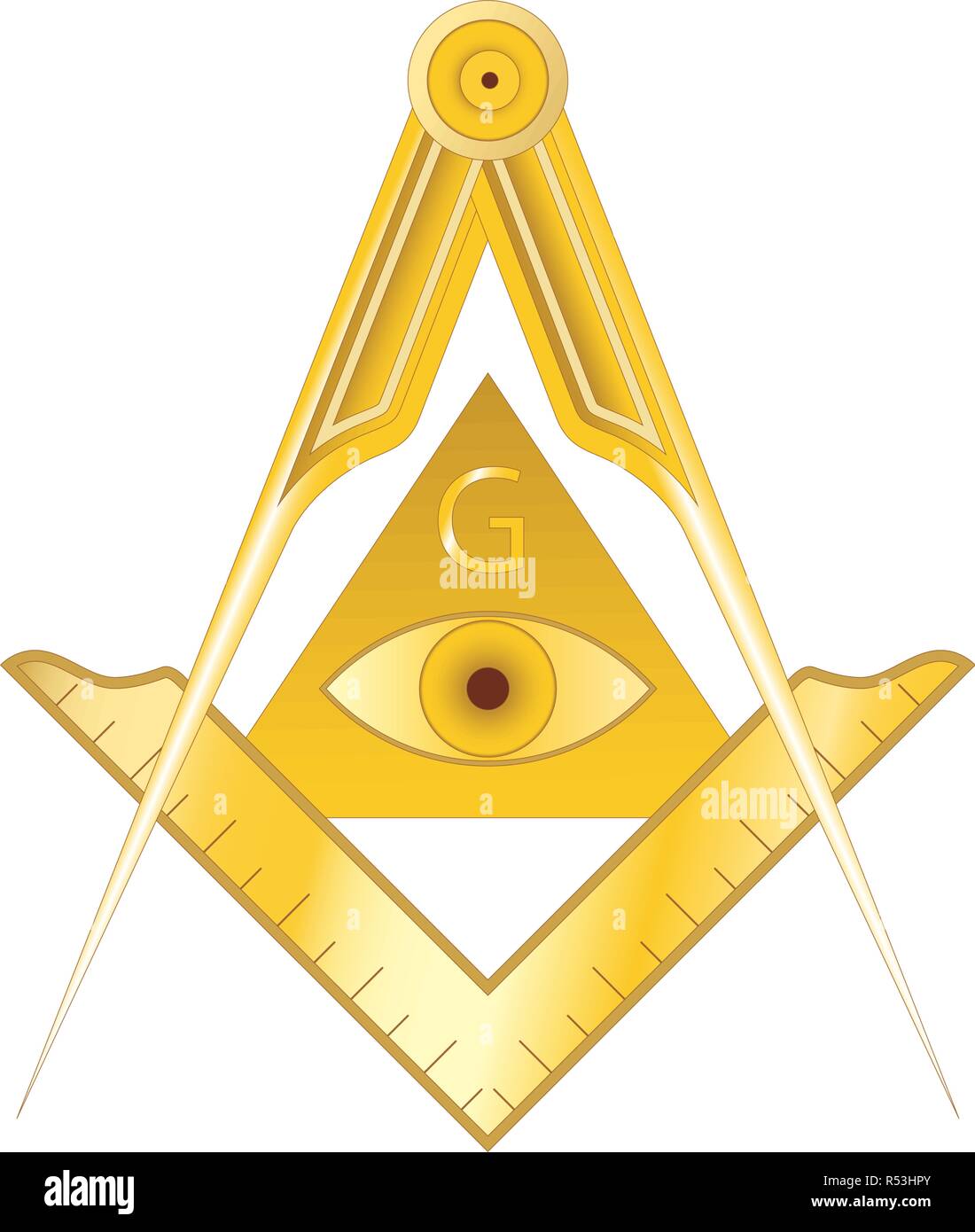 Golden masonic Square und Kompass Symbol, mit Dreieck-, Augen- und G schreiben. Mystic Okkultismus Esoterik, heilige Gesellschaft. Vector Illustration Stock Vektor