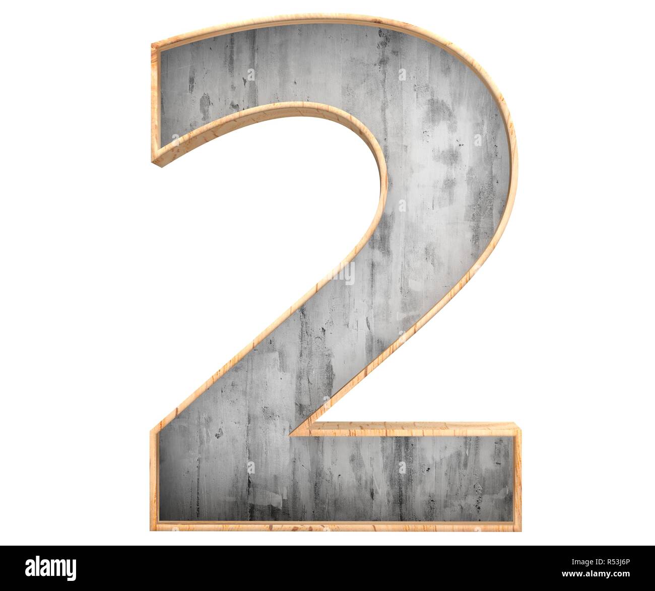 3D-Rendering konkrete Zahl 2 Zwei mit Holz- Grenze, auf weißem Hintergrund. Zahlen und Symbole. Risse in der Oberfläche. Texturierte Materialien. Zement Stockfoto