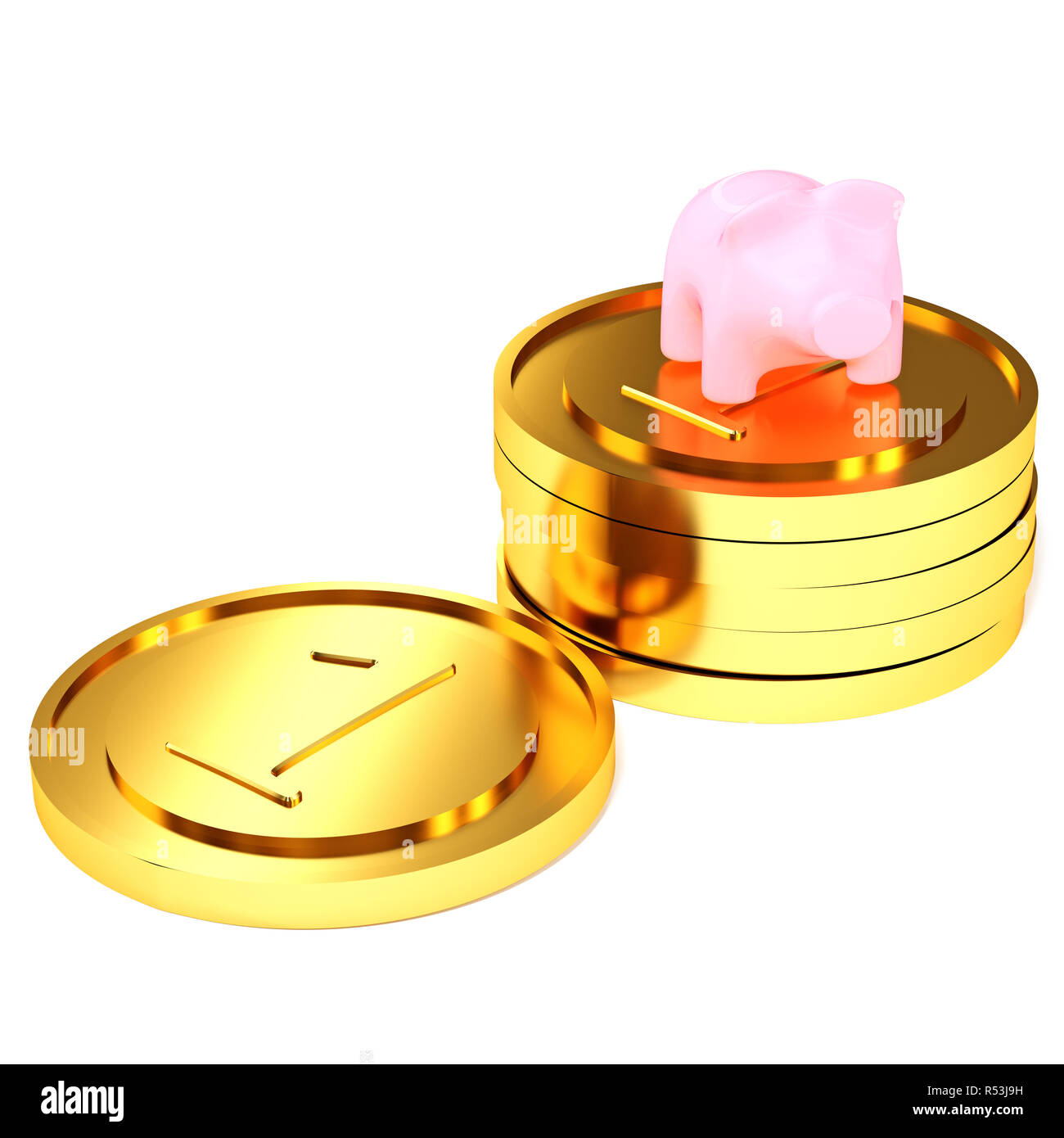 Rosa Sparschwein stehend auf Stapel von Münzen auf weißem Hintergrund. 3d Illustratioin. Stockfoto