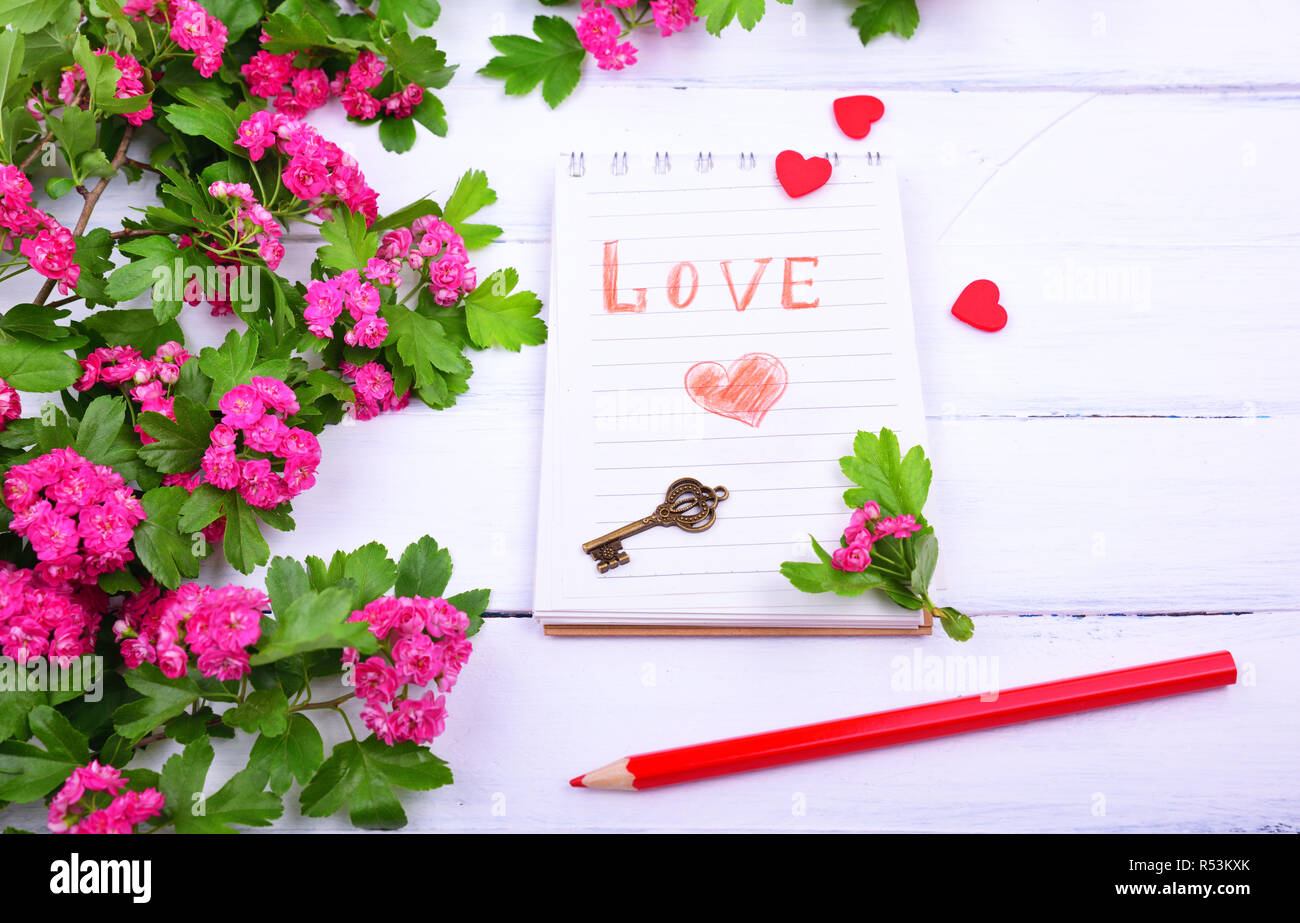 Notizbuch aus Papier mit der Aufschrift Liebe öffnen Stockfoto