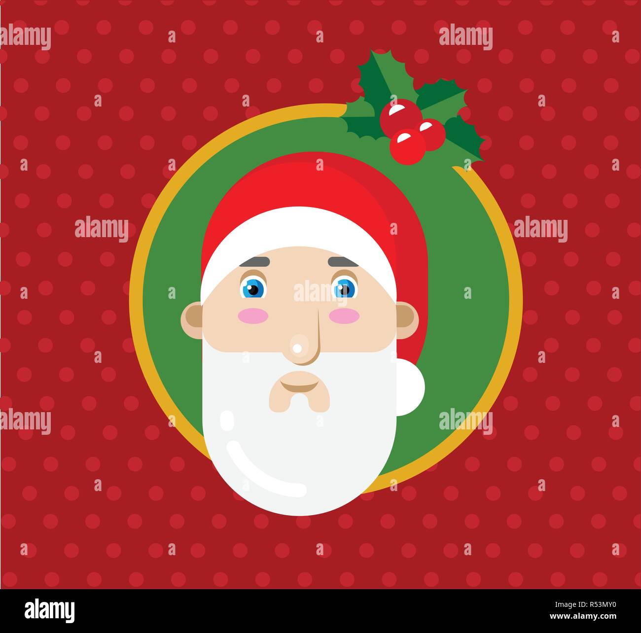 Flache Vector Illustration von Santa Claus in einem Kreis mit Holly und einer roten gepunkteten Hintergrund. Kann für Gift Card verwendet werden. Stock Vektor