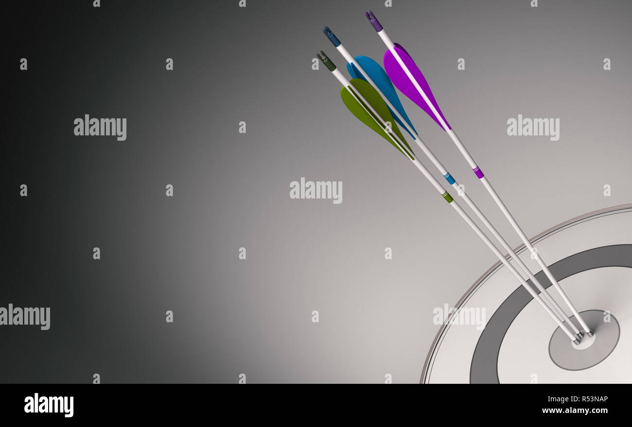 Drei Pfeile mit verschiedenen Farben schlagen das Zentrum eines modernen Ziel, Konzept der team Bindekraft. 3D-Darstellung Stockfoto