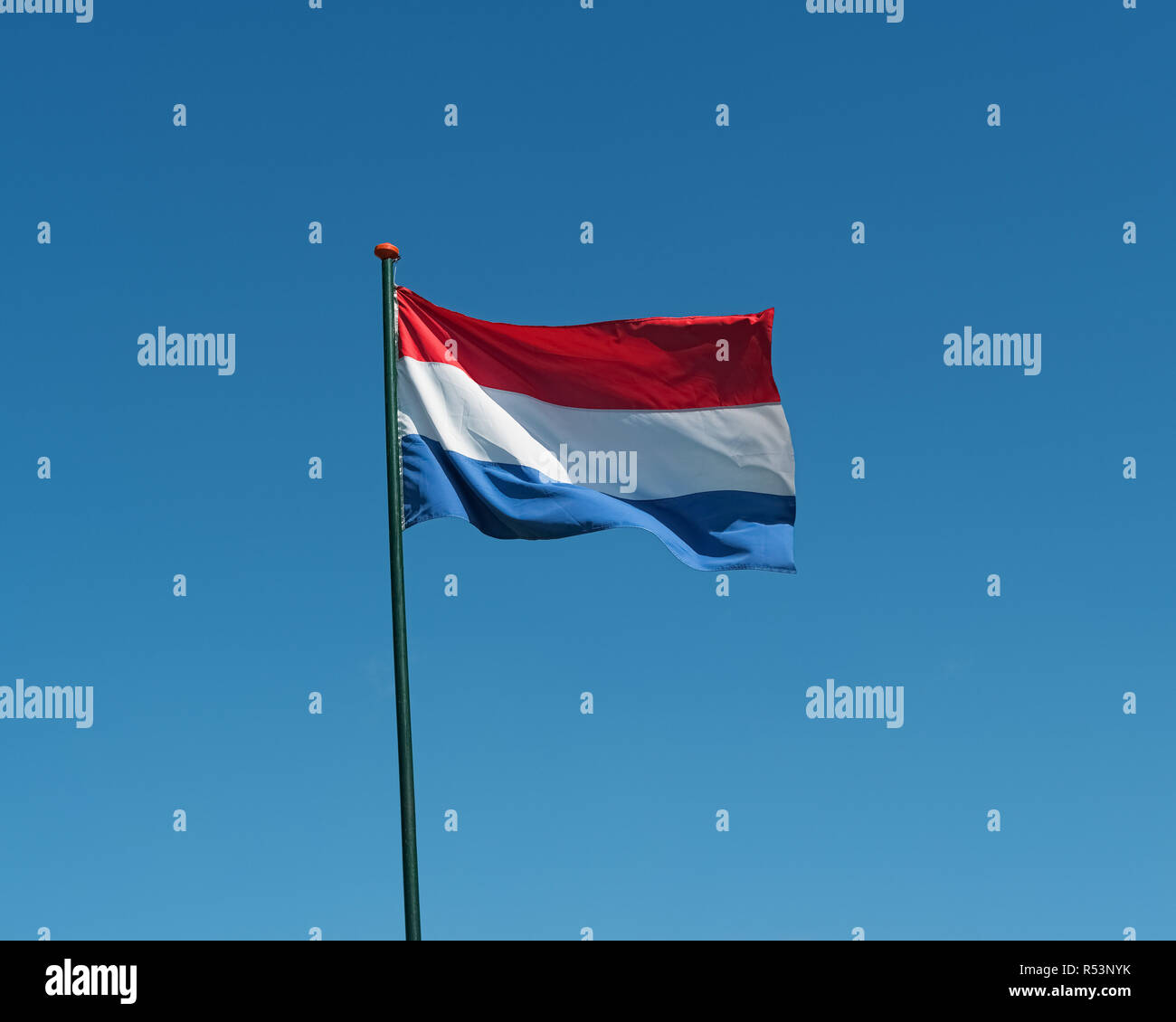 Flagge der Niederlande wehenden Wind, blauer Himmel Stockfoto